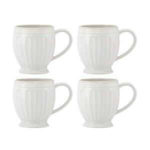 Lenox French Perle Groove White 14 oz Coffee Tea Mugs Set of 4 Stoneware #895722